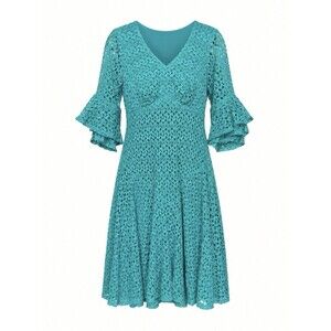 Teal Floral Lace Fit & Flare Dress Boho Romantic Cottagecore Flutter Sleeve 8